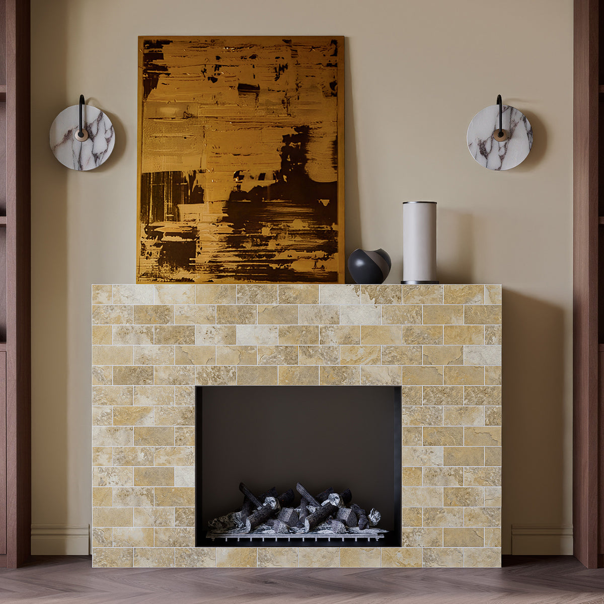 Matte Gobi Sandstone subway peel and stick backsplash tiles used on a cozy living room fireplace surround