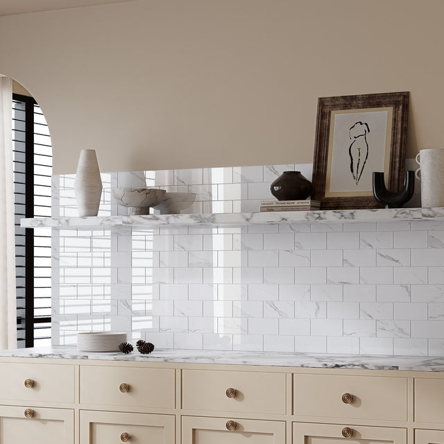 12" x 12" Subway Glossy Carrara White Peel and Stick Backsplash Tile