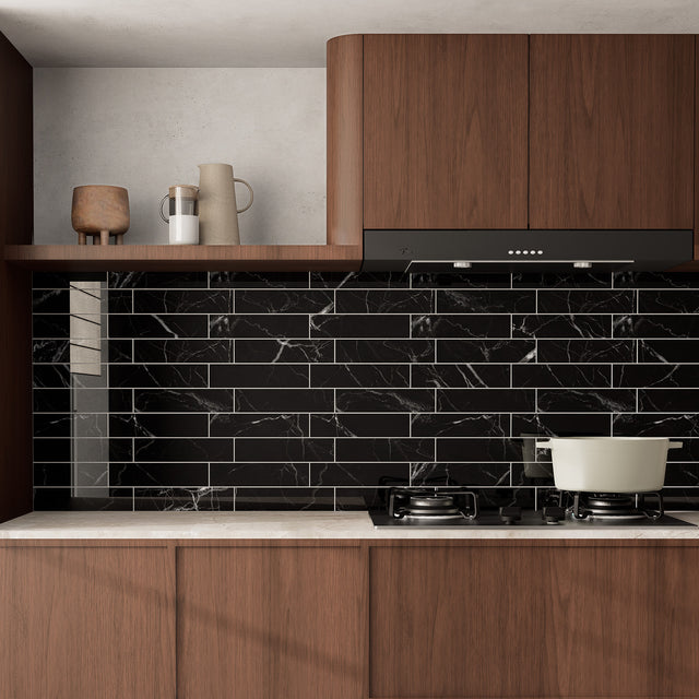 12" x 12" Subway Glossy Midnight Marble Peel and Stick Backsplash Tile