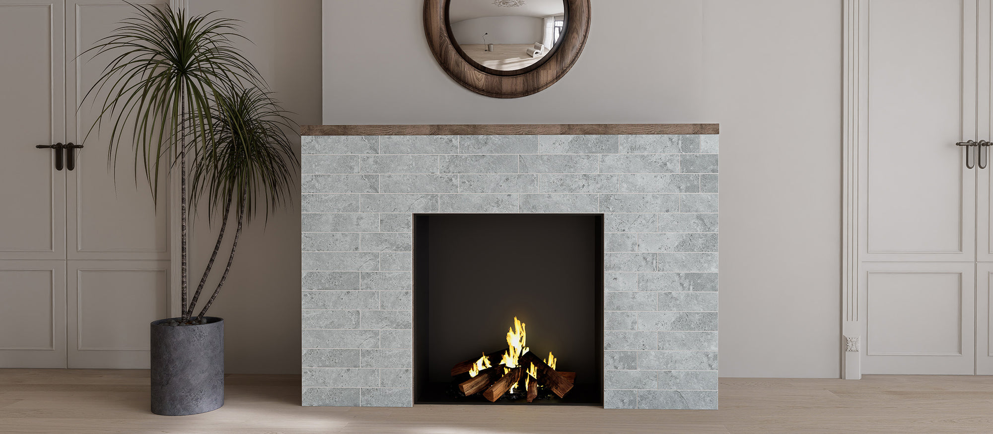 Matte Urban Concrete subway peel and stick backsplash tiles installed around a fireplace surround wall after installation