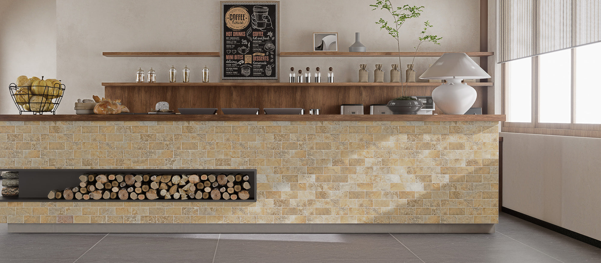 Matte Gobi Sandstone subway peel and stick backsplash tiles used on a warm coffee bar wall after installation