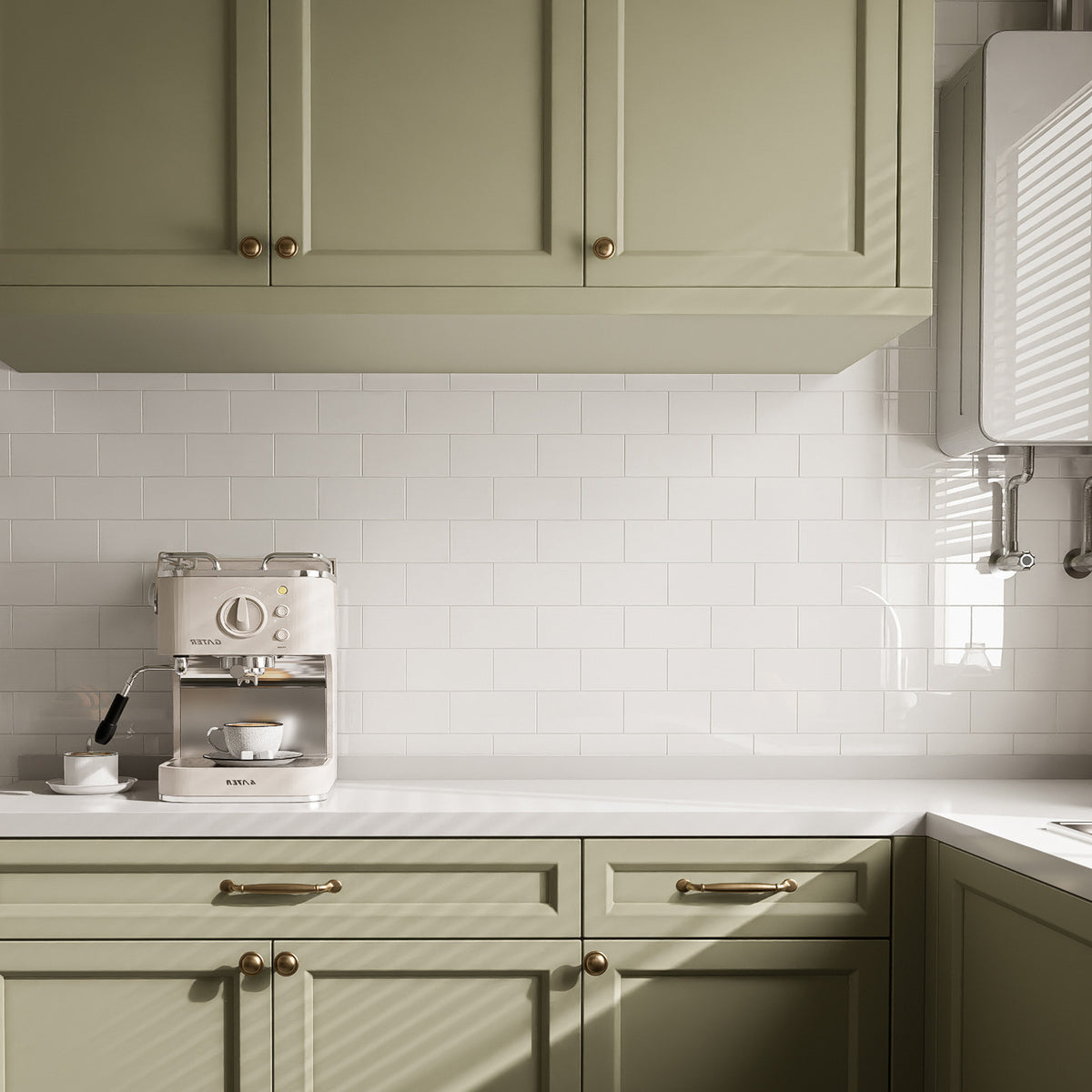 Glossy Pure White rectangle peel and stick backsplash tiles installed behind a kitchen coffee station with green cabinets