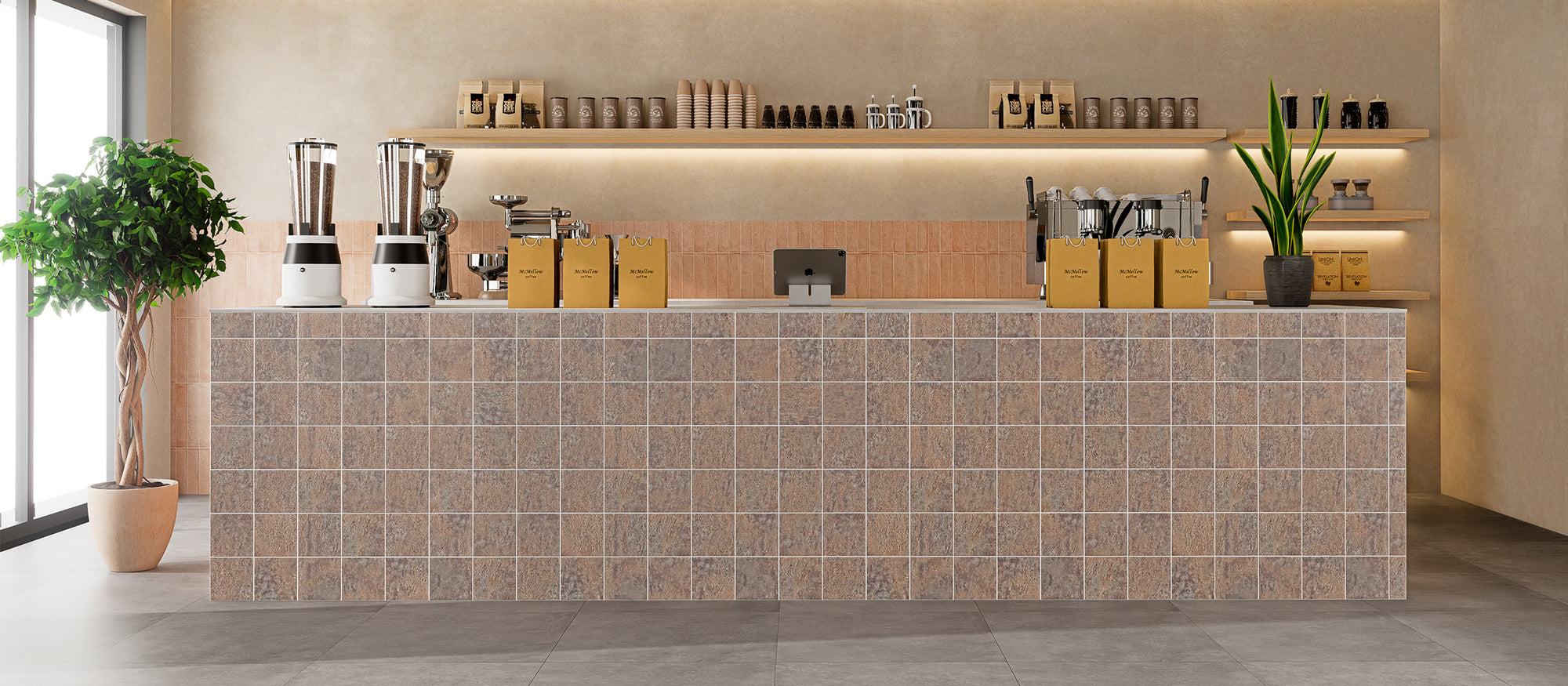Matte Magma Stone square peel and stick backsplash tiles used on a warm coffee bar counter wall after installation