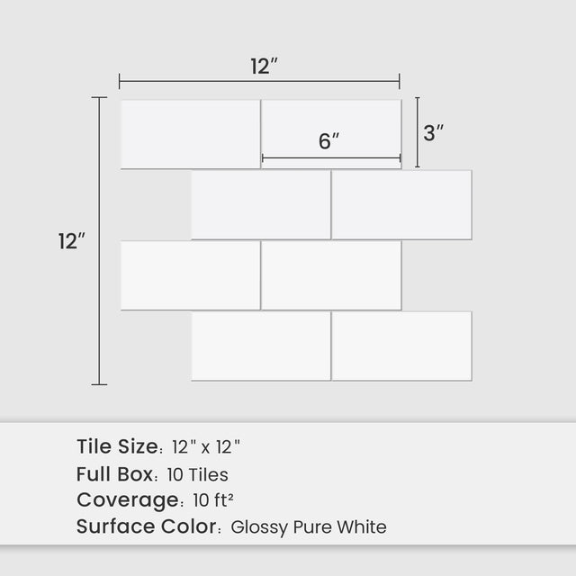 12" x 12" Subway Glossy Pure White Peel and Stick Backsplash Tile