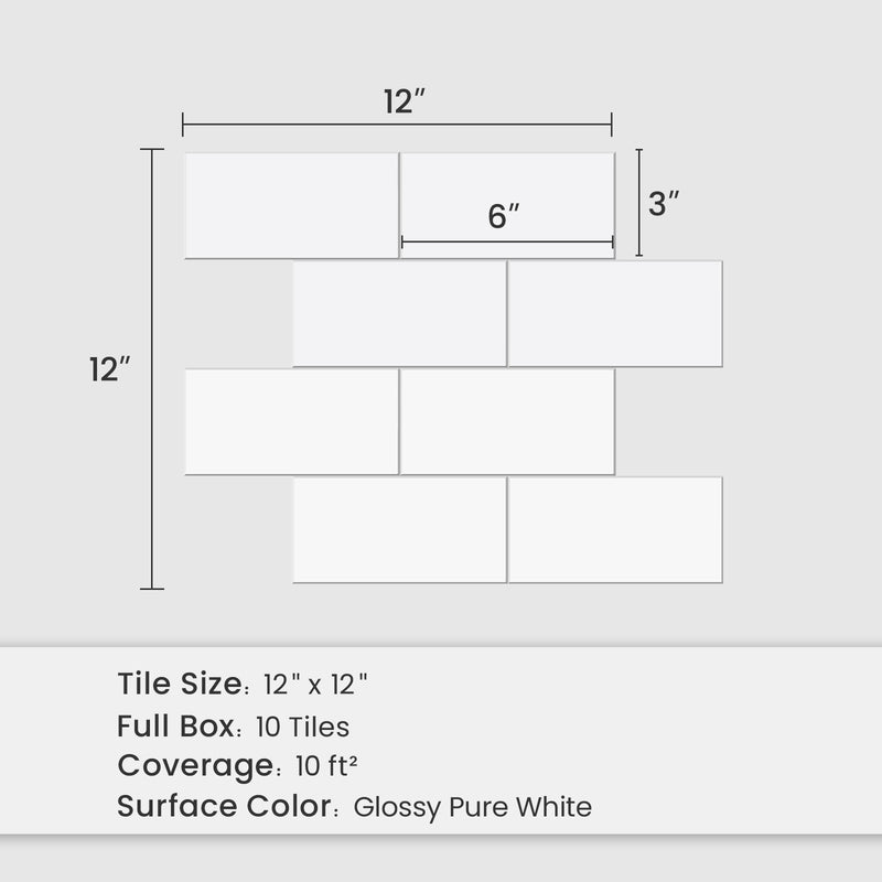 12" x 12" Subway Glossy Pure White Peel and Stick Backsplash Tile