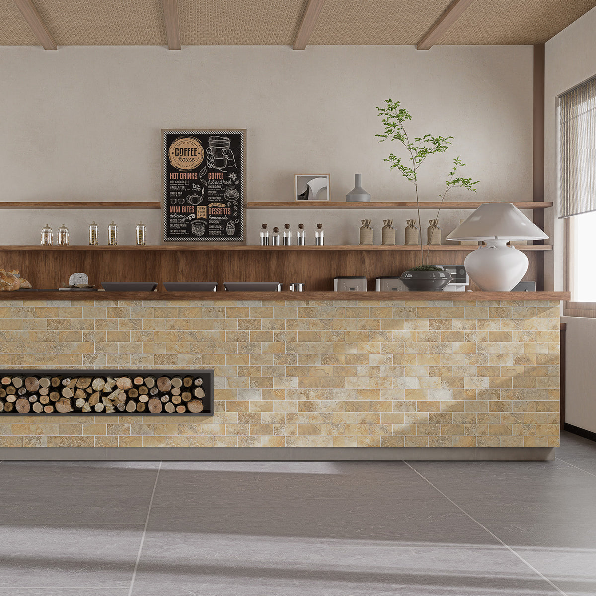 Matte Gobi Sandstone subway peel and stick backsplash tiles used on a warm coffee bar counter wall