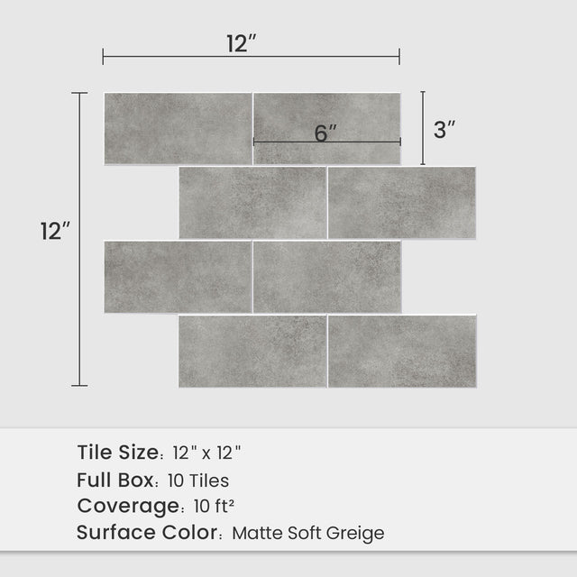 12" x 12" Subway Matte Soft Greige Peel and Stick Backsplash Tile