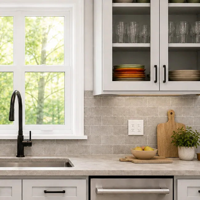 Modern kitchen with beige peel and stick subway tile backsplash and white cabinets