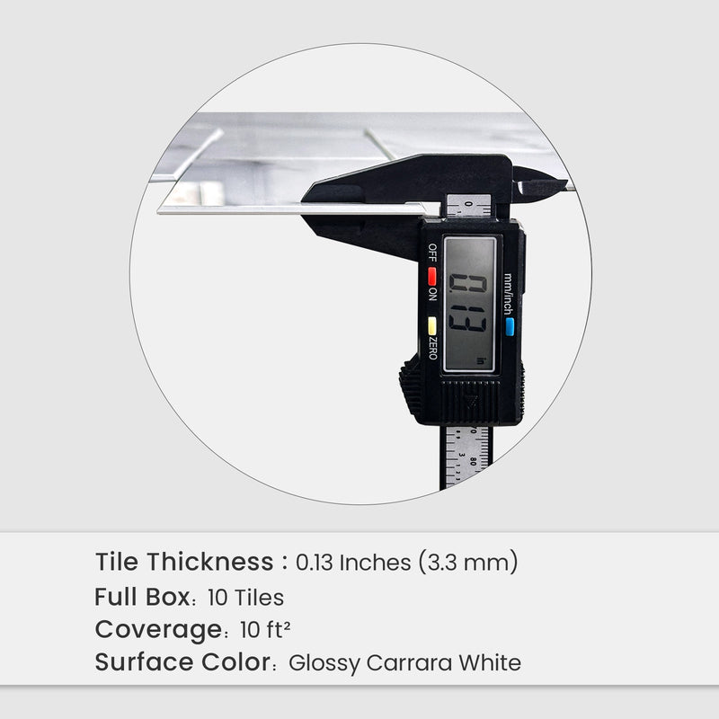 Digital caliper measuring thin Carrara white peel and stick backsplash tile
