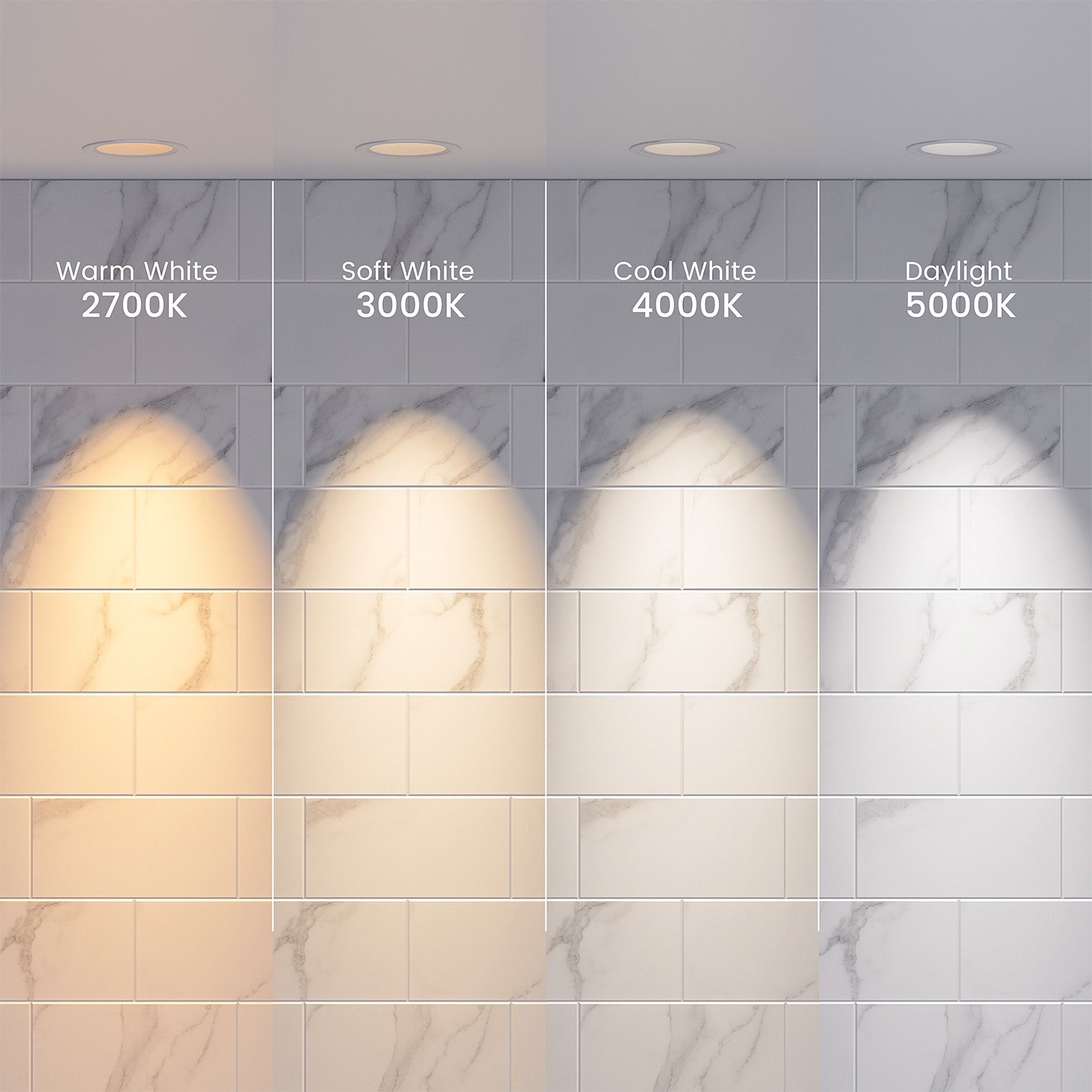 Carrara white subway tile shown under warm, soft, cool, and daylight lighting