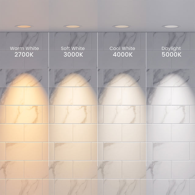 Carrara white subway tile shown under warm, soft, cool, and daylight lighting