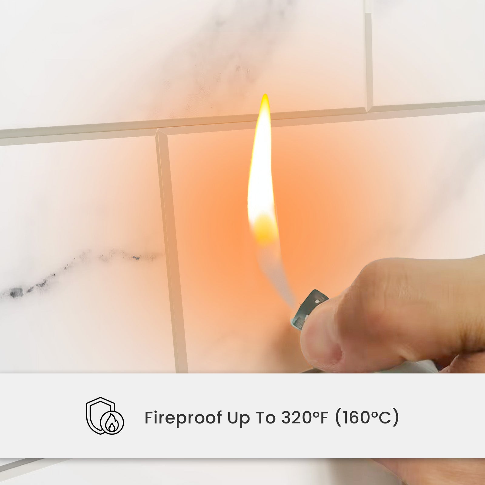 Flame held near Carrara white peel and stick tile for heat resistance test