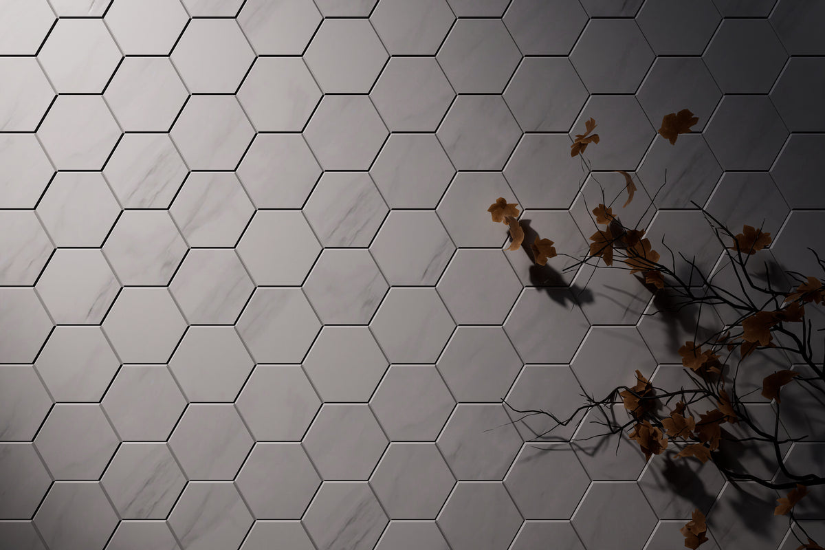 Close-up of DiYoZone hexagon backsplash tiles showing a clean geometric wall finish