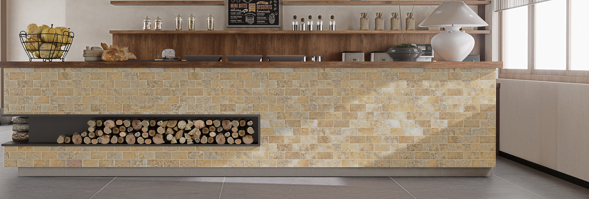 DiYoZone matte Gobi sandstone peel and stick backsplash tiles used on a fireplace surround wall for a warm room upgrade