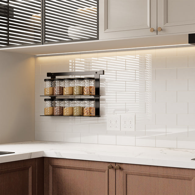 Close up of 0.13 inch thick heavy duty SPC peel and stick backsplash tile with custom beveled edge on a kitchen wall