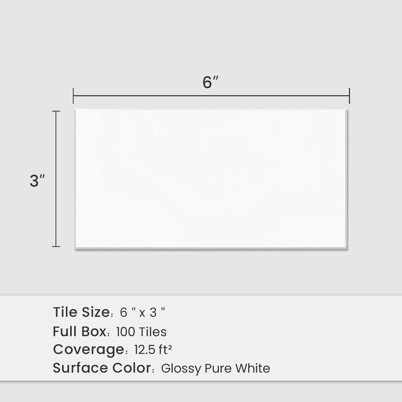6" x 3" Rectangle Glossy Pure White Peel and Stick Backsplash Tile