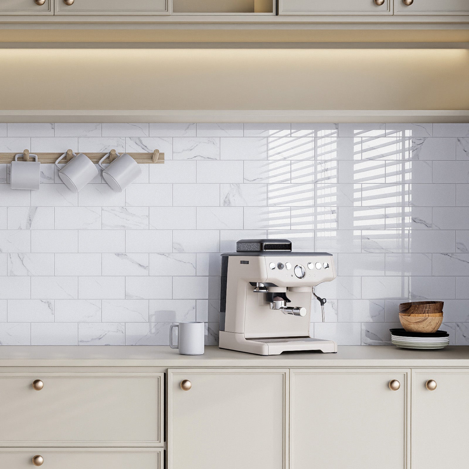 Glossy Carrara White subway peel and stick backsplash tiles used for a bright kitchen coffee bar wall