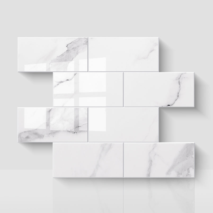 Glossy Carrara white peel and stick backsplash tile with marble look and beveled edges