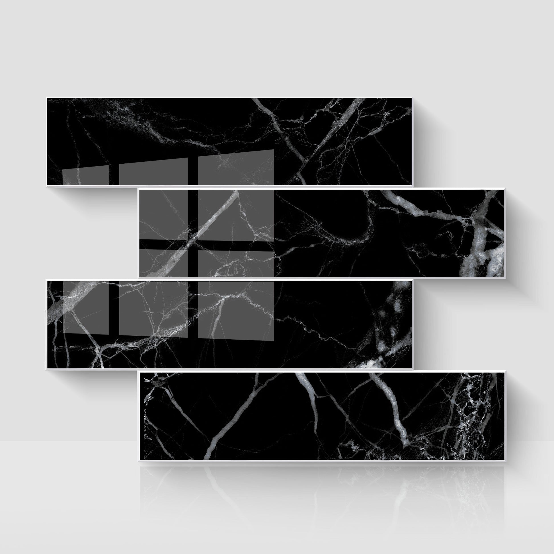 Glossy Midnight Marble subway peel and stick backsplash tile sheet with a dramatic black marble look