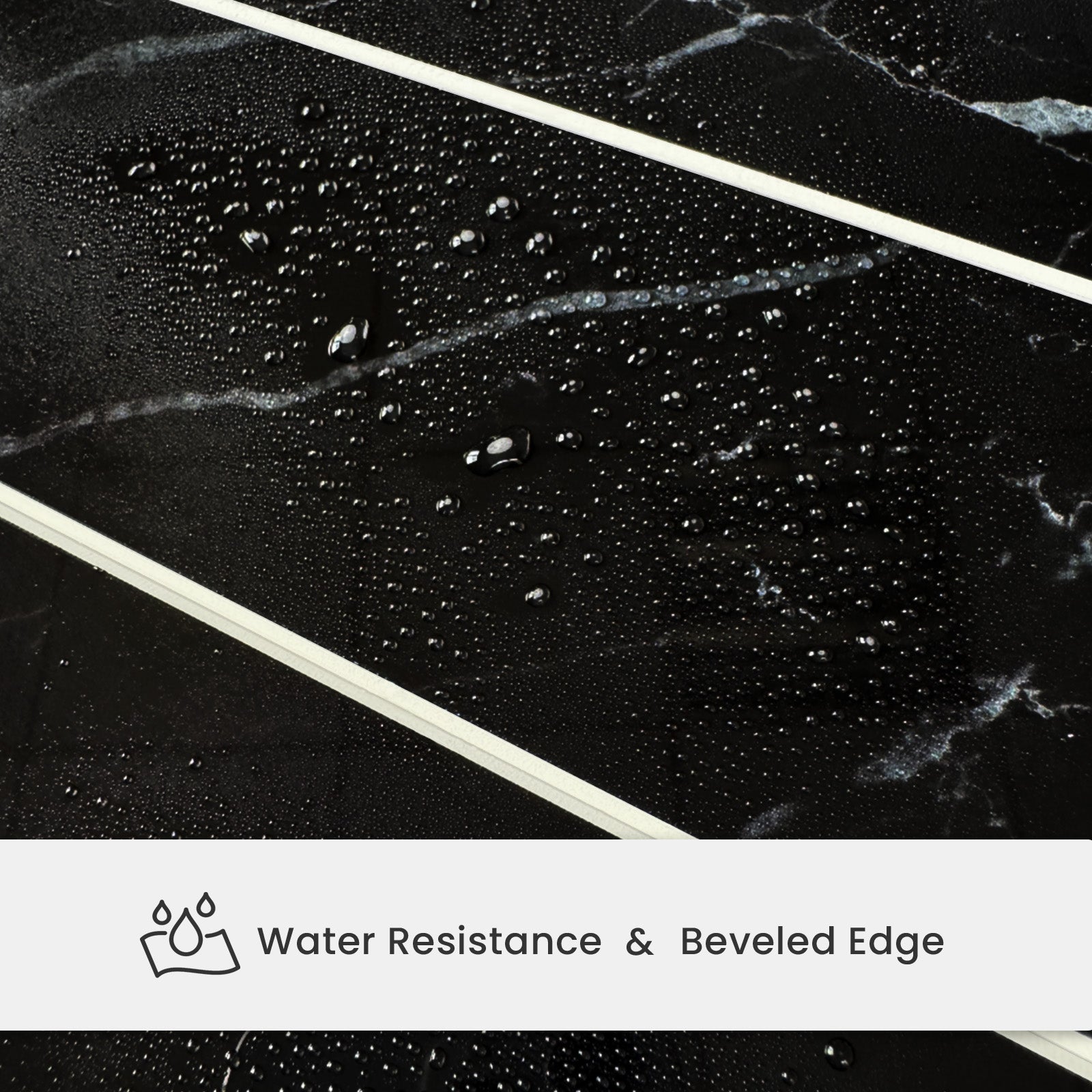 Close-up of Glossy Midnight Marble backsplash tiles showing water resistance and beveled edge detail