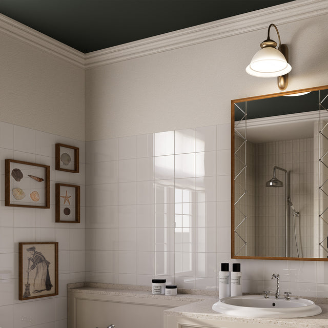 Glossy Pure White square peel and stick backsplash tiles installed on a bathroom vanity wall