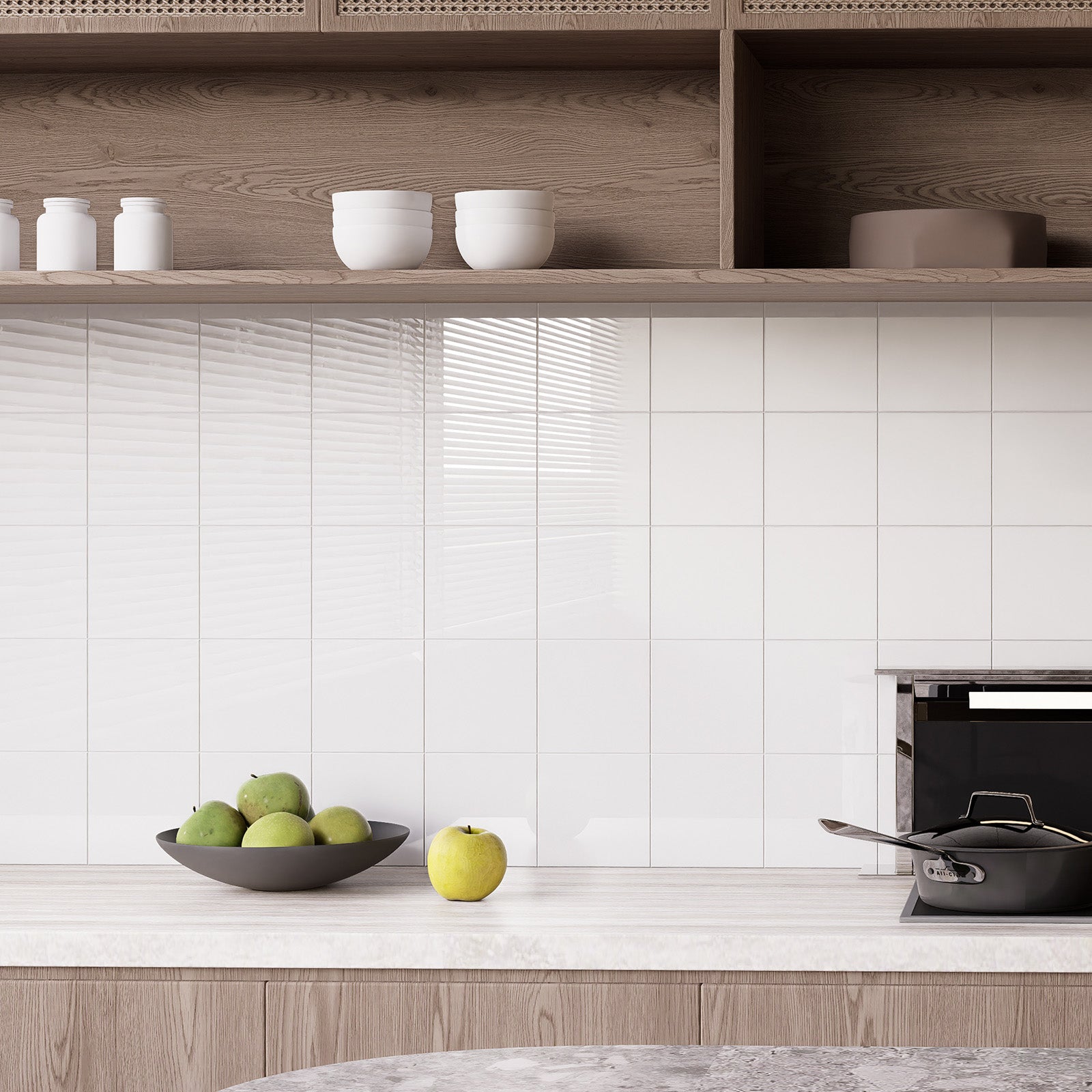Glossy Pure White square peel and stick backsplash tiles installed on a bright kitchen backsplash wall