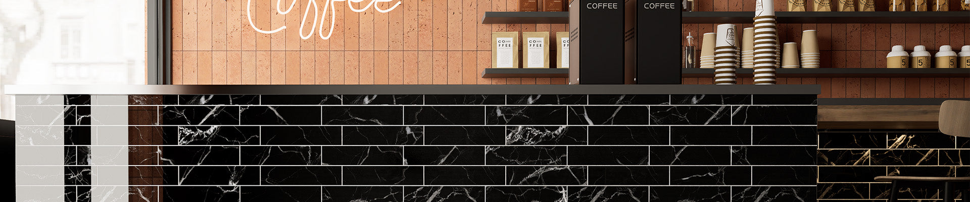 Glossy subway peel and stick backsplash tiles used on a coffee bar wall for a sleek modern upgrade