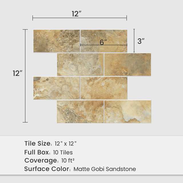 12 x 12 inch Matte Gobi Sandstone backsplash sheet with 6 x 3 inch subway tiles and 10 square feet coverage