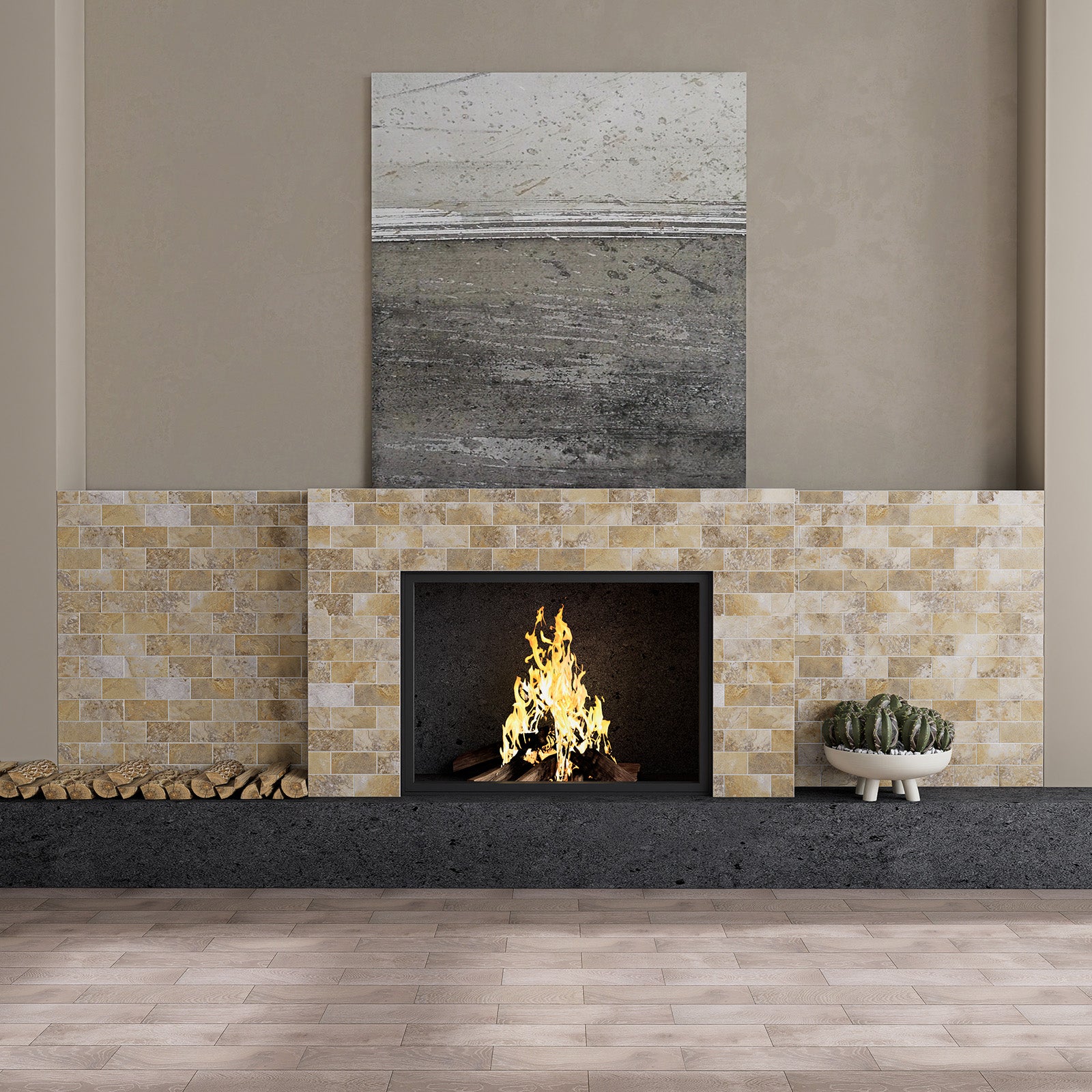 Matte Gobi Sandstone subway peel and stick tiles used on a living room fireplace surround wall