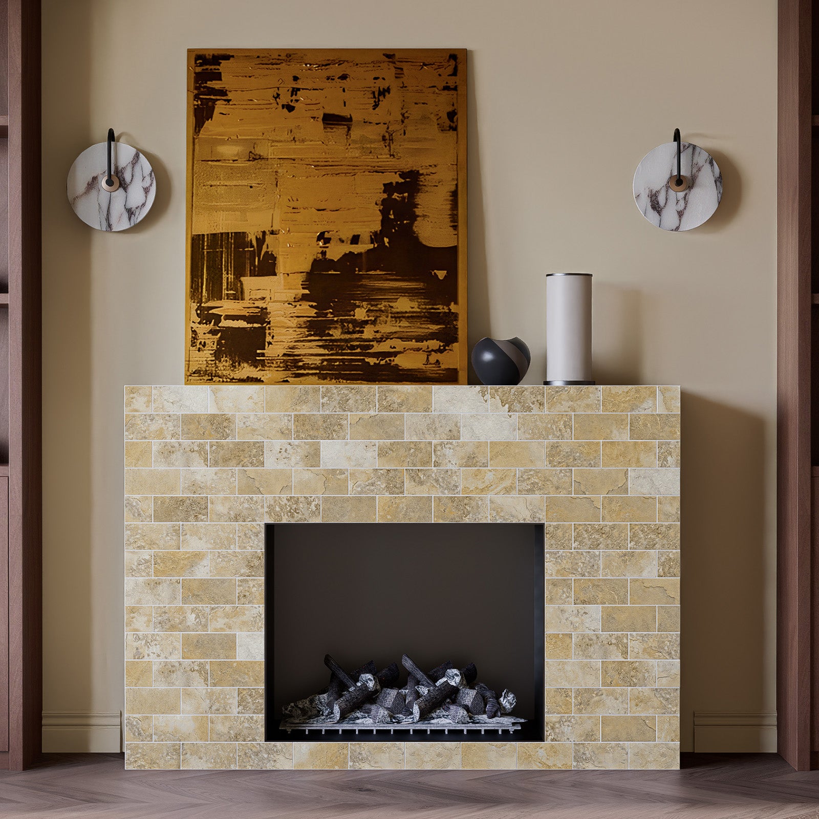 Matte Gobi Sandstone subway peel and stick tiles installed around a modern fireplace surround