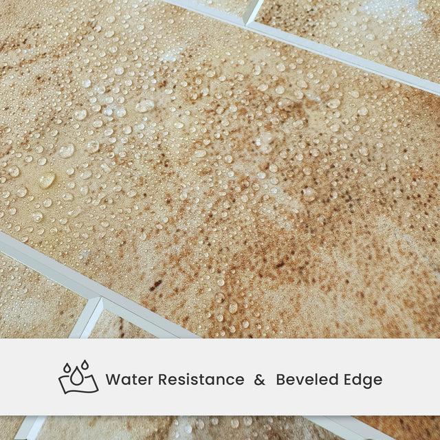 Water droplets on Matte Gobi Sandstone backsplash tiles showing water resistance and beveled edges