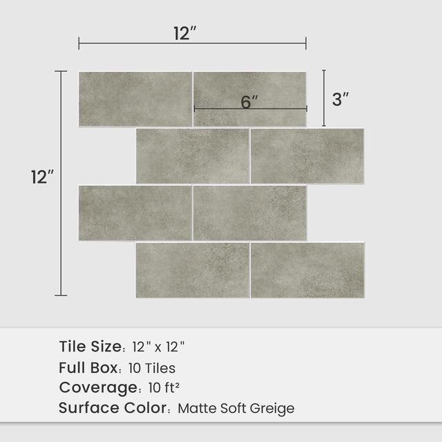 12 x 12 inch Matte Soft Greige backsplash sheet with 6 x 3 inch subway tiles and 10 square feet coverage