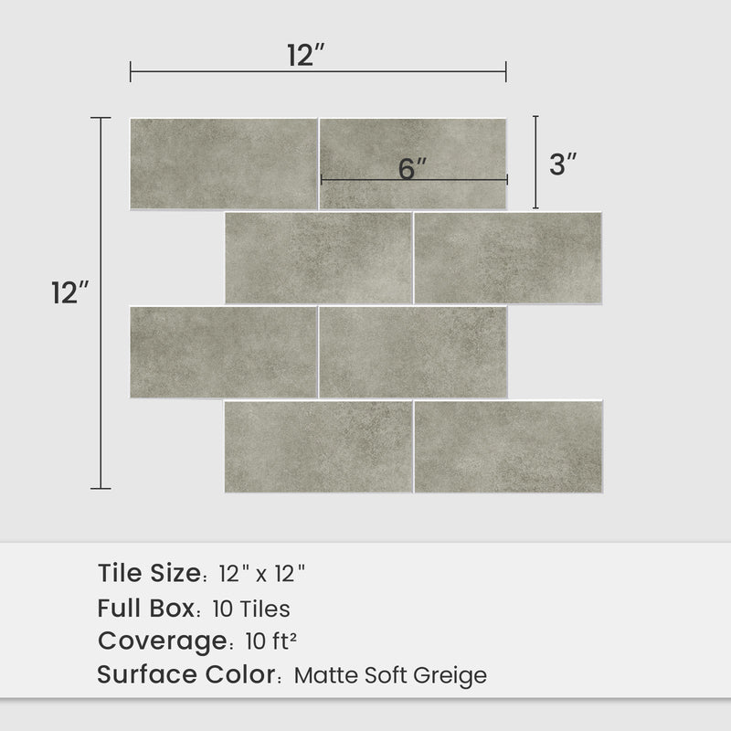 12 x 12 inch Matte Soft Greige backsplash sheet with 6 x 3 inch subway tiles and 10 square feet coverage