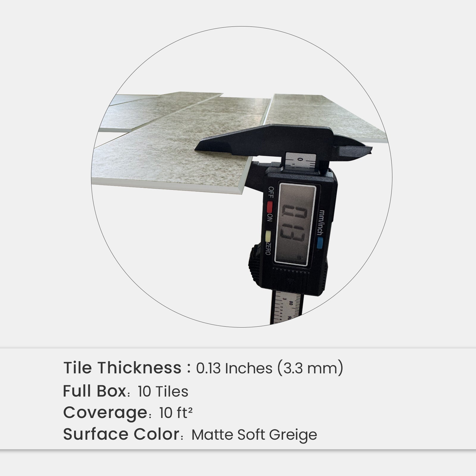 Matte Soft Greige peel and stick backsplash tile measuring 0.13 inches or 3.3 millimeters thick