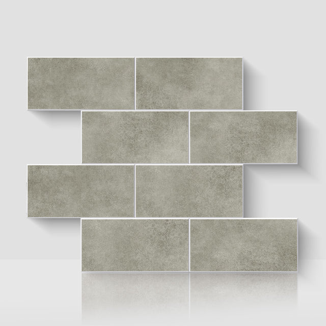 Matte Soft Greige subway peel and stick backsplash tile sheet with a subtle warm gray concrete look