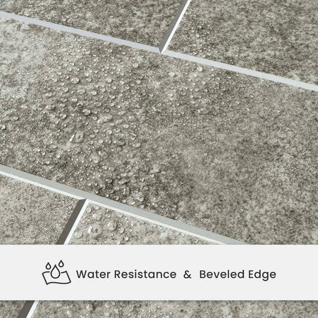 Close-up of Matte Soft Greige backsplash tiles showing water resistance and beveled edge detail
