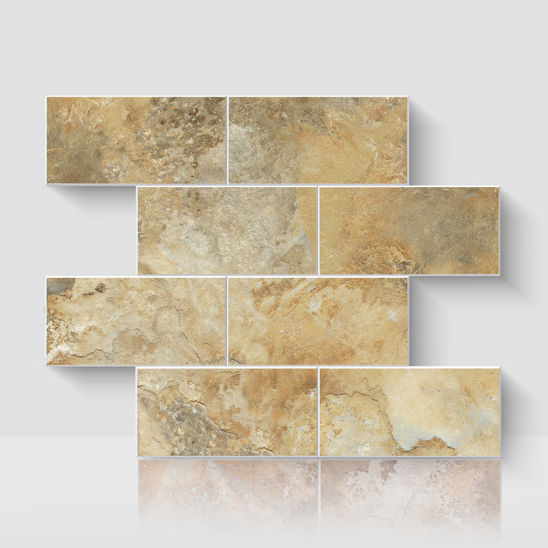 Matte subway peel and stick backsplash tiles with warm stone and concrete-look finishes