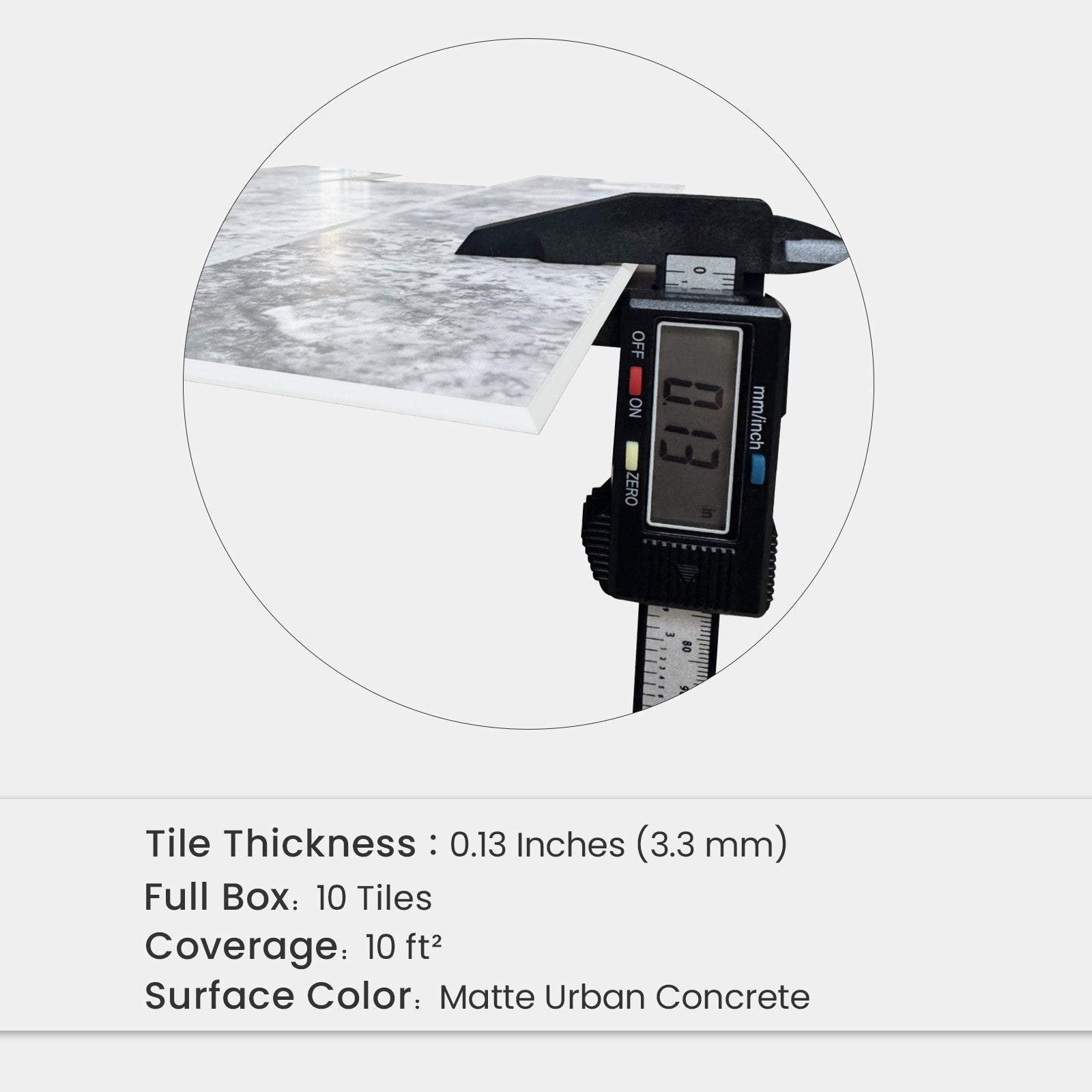 Matte Urban Concrete peel and stick backsplash tile with a thickness of 0.13 inches or 3.3 millimeters