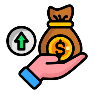 Hand holding a bag of money with a coin featuring a green arrow, on a white background