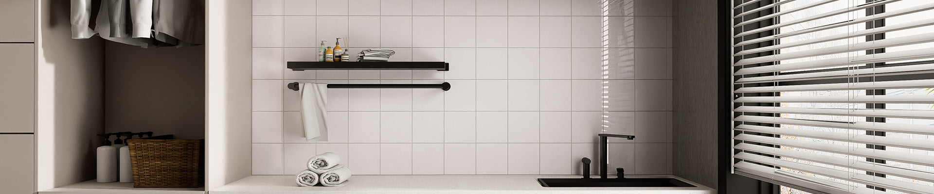Square peel and stick backsplash tiles installed on a laundry room wall for a clean modern look